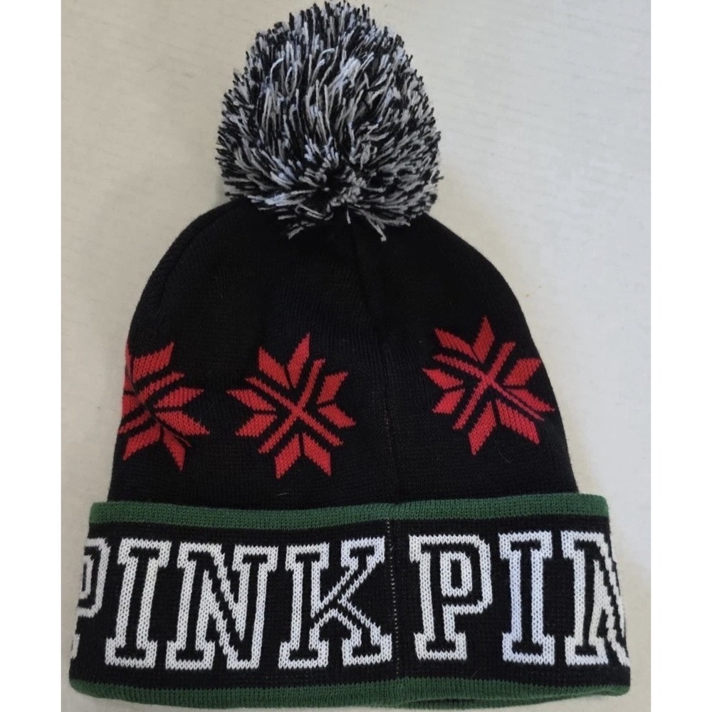 Victoria's Secret PINK NATION Black Beanie Pom Pom Knit Knitted Hat Y2K Vintage